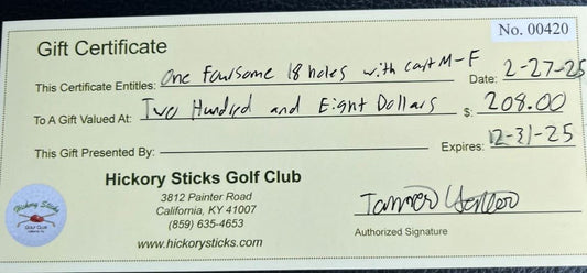 Hickory Sticks Golf Club Certificate